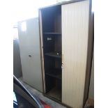 Metal two door filing cabinet, together with another filing cabinet with tambour front. (2) (B.P.