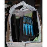Box of loose and boxed, plated and stainless steel cutlery including some by Viners of Sheffield. (