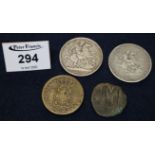 George III silver crown 1820, Victorian silver crown 1889, Portuguese copper coin 1829 and an