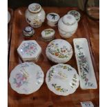 Tray of assorted china to include; Aynsley cottage garden and other dressing table jars and