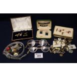 Small box of assorted costume jewellery including; cufflinks, vintage spectacles etc. (B.P. 24%