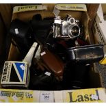 Box of assorted vintage cameras and other equipment various to include; Chinon, Zeiss Ikon, Agfa