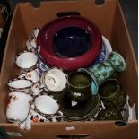 Box of assorted china to include; English bone china floral teaware, Sylvac cups and saucers, blue