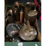Box of assorted metalware to include; copper conical jugs, copper warmers, silver plated piecrust
