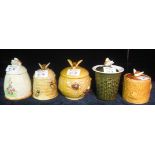 Collection of five pottery preserve jars and covers decorated with honey bees. (5) (B.P. 24% incl.