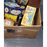 Box of mostly metal tins to include; Ayrshire Shortbread biscuit tin, Shakespeare design tin, St