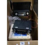 Box of vintage car radios and other items to include; Sharp model AR-943 in original box, Vauxhall