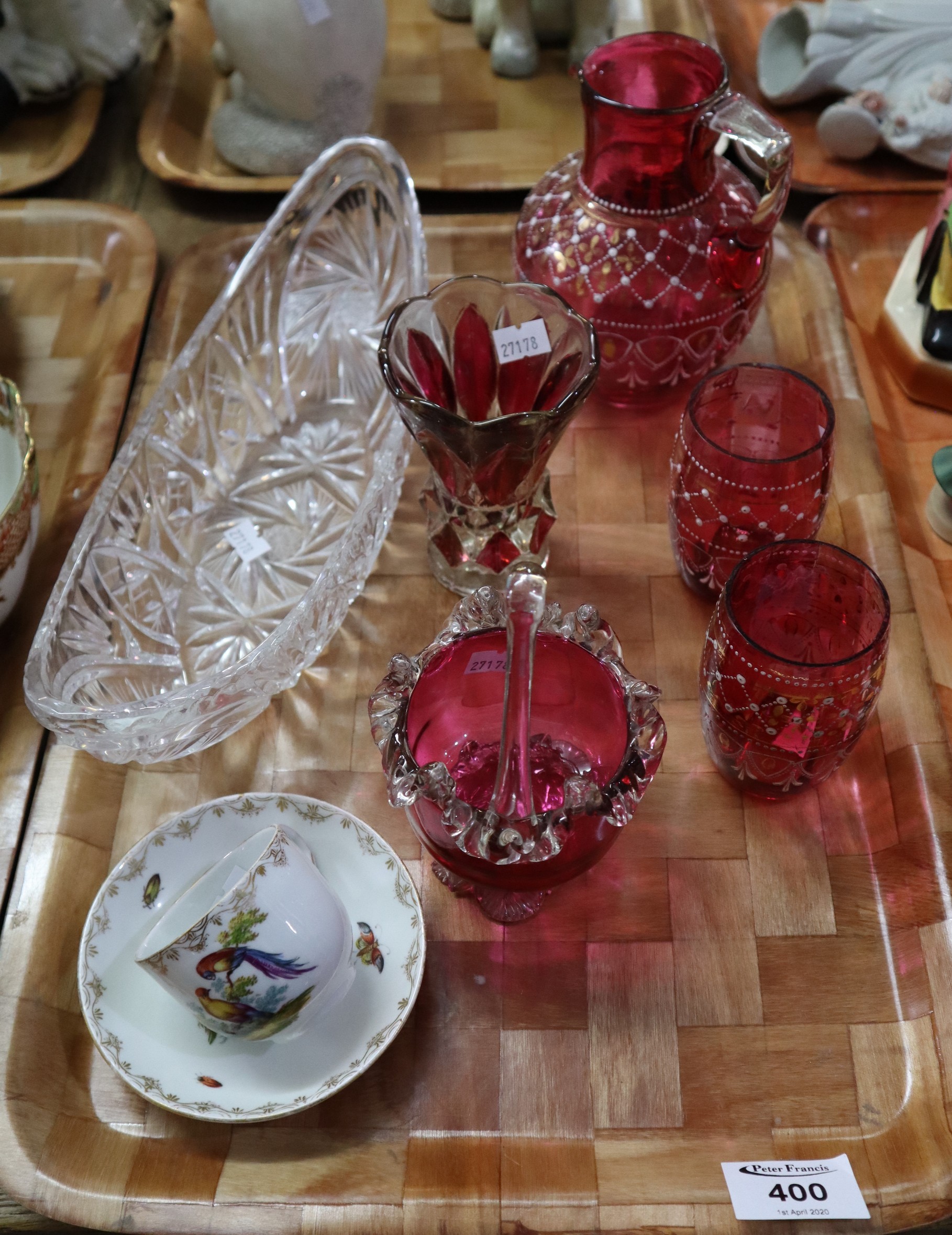 Tray of assorted glassware to include; cranberry basket, cranberry tumblers and matching baluster