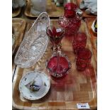 Tray of assorted glassware to include; cranberry basket, cranberry tumblers and matching baluster