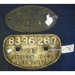 Two cast iron railway plaques, 'Good's vehicle number, Shildon 1962' and a 'LMS' brass date