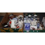 Two boxes of assorted china to include; blue and white pottery ginger jars, mugs, cups, milk jug,