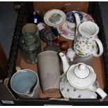 Box of miscellaneous items to include; pottery jugs, floral teapots, hardstone bust of an African