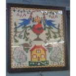 20th Century woolwork sampler dated 1932, decorated with birds and a cottage. 55 x 51cm approx.