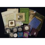 Box of assorted QEII crowns various, vintage ordnance survey and other maps to includ; John Carey 'a