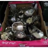 Box of silver plate to include; teasets, candlesticks, salvers, toast racks etc. (B.P. 24% incl.