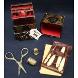 19th Century Morocco leather cased manicure set, with some fittings and overall gilt tooled