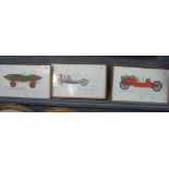 Three veteran car prints, 1899 Jenatzy, 1909 Blitzen Benz and 1903 Ford Arrow. 25 x 41cm approx,