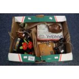 Box of oddments including; modern coins, carved wooden figures and animal ornaments, tin of