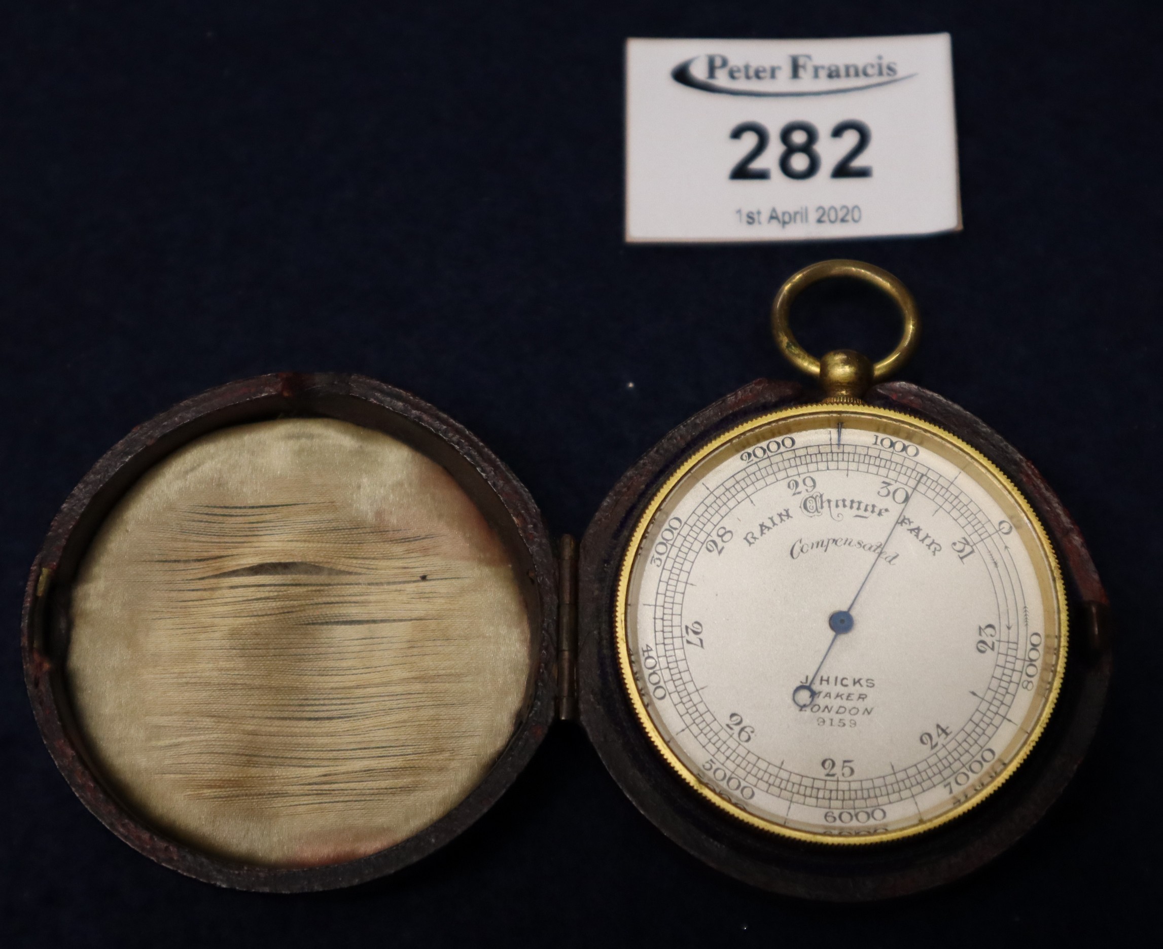 19th Century pocket barometer marked J. Hicks maker London, in leather covered fitted case. (B.P.