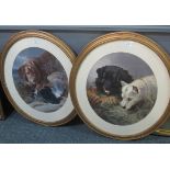 After Landseer, two studies of dogs, coloured prints, oval. 50 x 45cm approx, framed and glazed. (2)