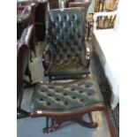 Victorian style mahogany framed green leather button back armchair with matching footstool. (B.P.
