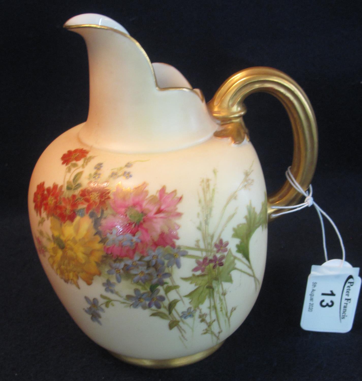 Royal Worcester porcelain blush ivory ewer type single handled jug with painted flowers, puce