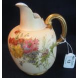 Royal Worcester porcelain blush ivory ewer type single handled jug with painted flowers, puce