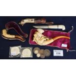 Cased small meerschaum pipe, GB coins, small bone handled knife with reindeer skin sheath and a