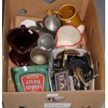 Box of brewerania various to include; ashtrays, advertising water jugs, beer pump labels etc. (B.