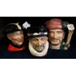 Three Royal Doulton character jugs to include; Beefeater, Lumberjack D6610 and Chelsea Pensioner
