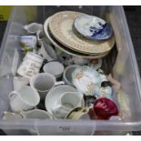 Plastic box containing assorted china, continental mugs and cups, cabinet plates etc. (B.P. 24%