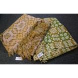 Two vintage woollen Welsh tapestry blankets; one green and brown ground and the other pink