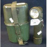 Aluminium military flask with integral cup and webbing, together with similar hand torch 5A/