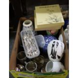 Box of assorted items to include; modern oriental vases, other floral vases, metalware to include;