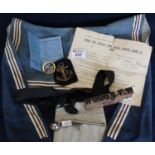 Collection of naval items to include; cap ribbon, bosun's whistle, uniform shoulder cover badge,