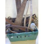 Collection of vintage and other tools, various to include; saws, scythes, vintage box marked
