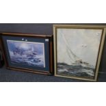 After Montague Dawson, sailing yachts in heavy seas, coloured print. Framed and glazed, 64 x 47cm