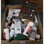 Box of Royal Mail ephemera, various to include; figures in case, Post Office pillar boxes in