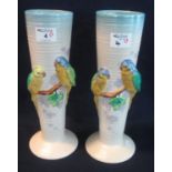 Pair of 1950's Clarice Cliff Newport pottery budgerigars vases of tapering ribbed form. Printed