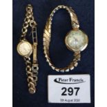 Two ladies gold wristwatches, small and medium sized heads one with 9ct gold bracelet strap. Total