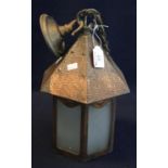 Arts and Crafts style beaten copper hanging lantern ceiling light shade, with frosted glass