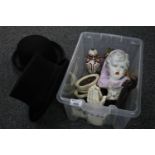 Box of assorted items to include; continental porcelain bust of a young child, carved wooden