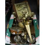 Box of metalware to include; brass candlesticks, brass repousse ship design letter rack, small oak