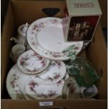 Box of assorted china to include; Royal Albert Lavender Rose part teaset, Royal Albert Masquerade