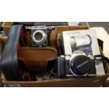 Box of assorted cameras and accessories, various to include; Agiflex, Pentax MZ-M, Woton flash light