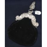 Dutch style silver mounted clutch bag with pendant clip, overall decorated with figural mounts. (B.