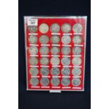 Tray of 30 GB crowns dating from 1889-1981. (18 silver, 30 total). Together with perspex covered