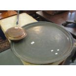 Large copper tray or charger etched with foliate decoration, together with a copper warming pan with