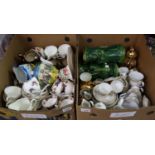 Two boxes of assorted china to include; various teaware, pottery toby jugs, copper lustre jugs