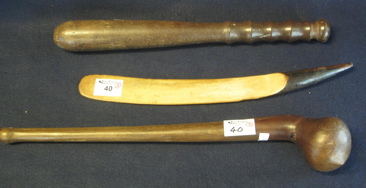 Items of treen to include; moulded and painted wooden knife, short knopkerry and a turned wooden